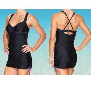 ATHLETA Sara Swim Dress One Piece Ruched Overlay Tie Side Swimsuit 36B/C 426714